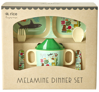 Rice Melamin-Gechirr Baby Geschenkbox Wildlife Mint 4-teilig